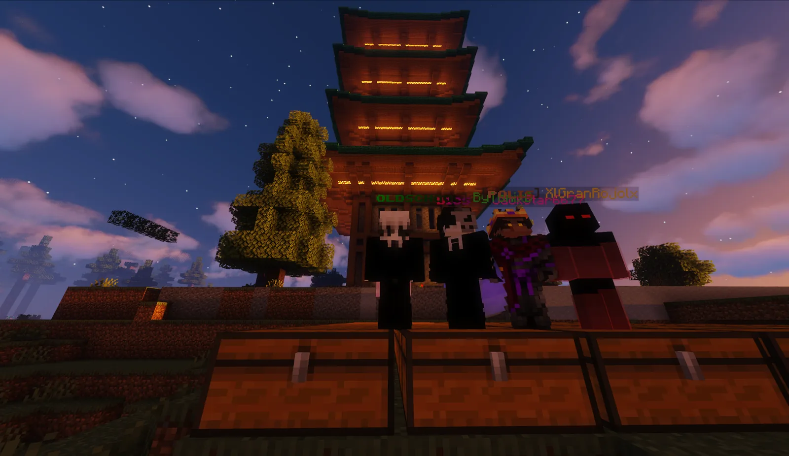 Players gathered in front of a DrakesCraft construction